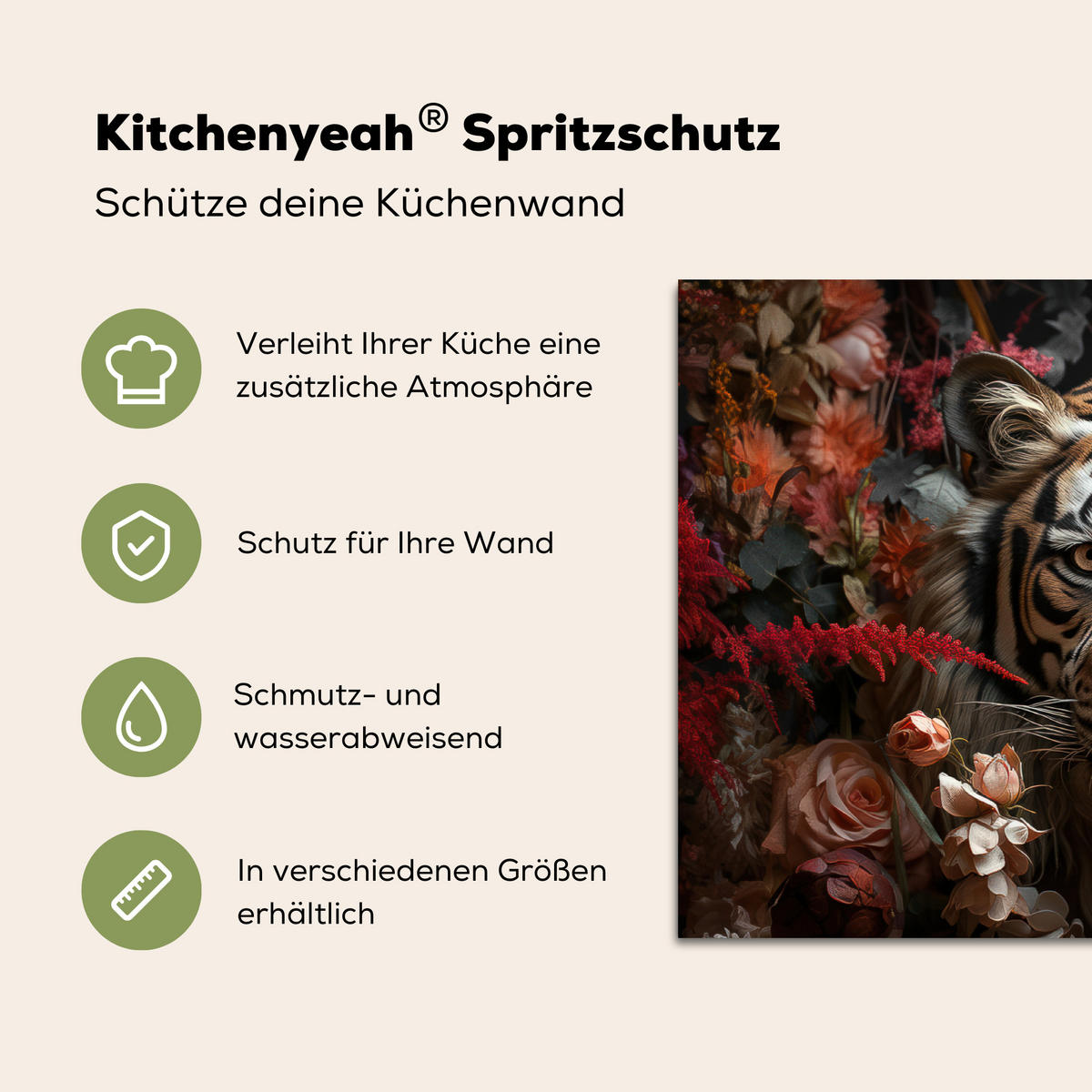 SPRITZSCHUTZ KÜCHE Tiger - Tier - Natur - Floral - Botanisch 90x60 cm - Orange, Metall (90/0.3/60cm) - MuchoWow
