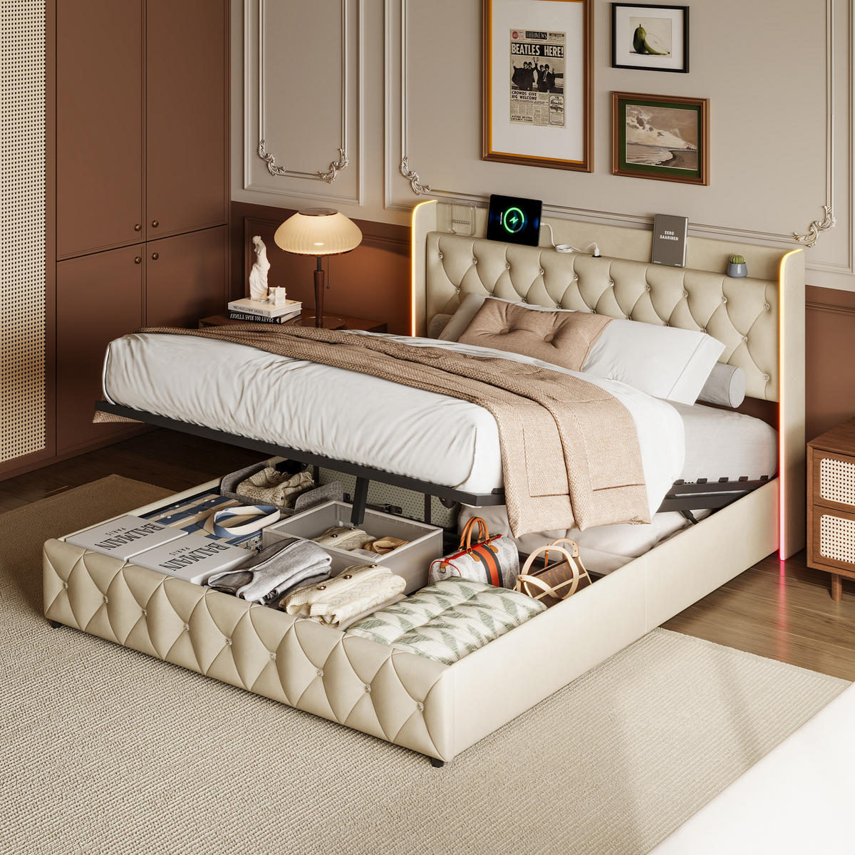 POLSTERBETT 160x200 cm in Beige mit LED-Beleuchtung und Stauraum aus Samt - Beige, Holz/Metall (160/200cm) - PARAFTA HOME