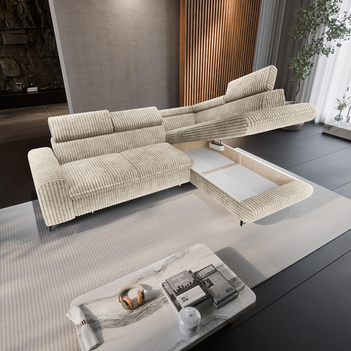 ECKSOFA VELISS Creme Kordstoff mit Schlaffunktion - Creme, Holz (255/193cm) - MASSENO