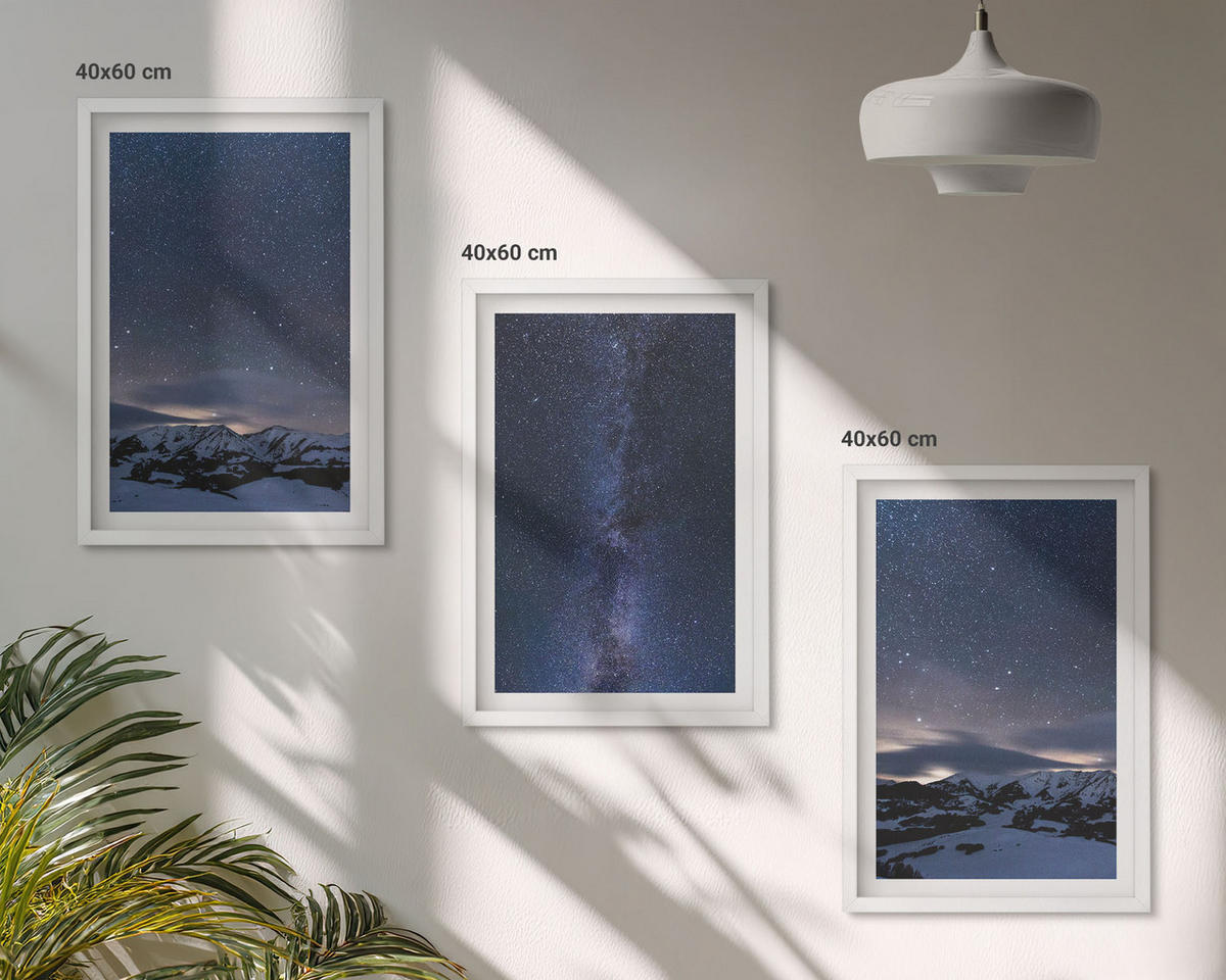 WANDBILDER 3er-Set - 40x60 cm Weißer Rahmen - Nachthimmel, Berge, Sterne - Weiß, Kunststoff (40/60cm) - ArtPrintCave