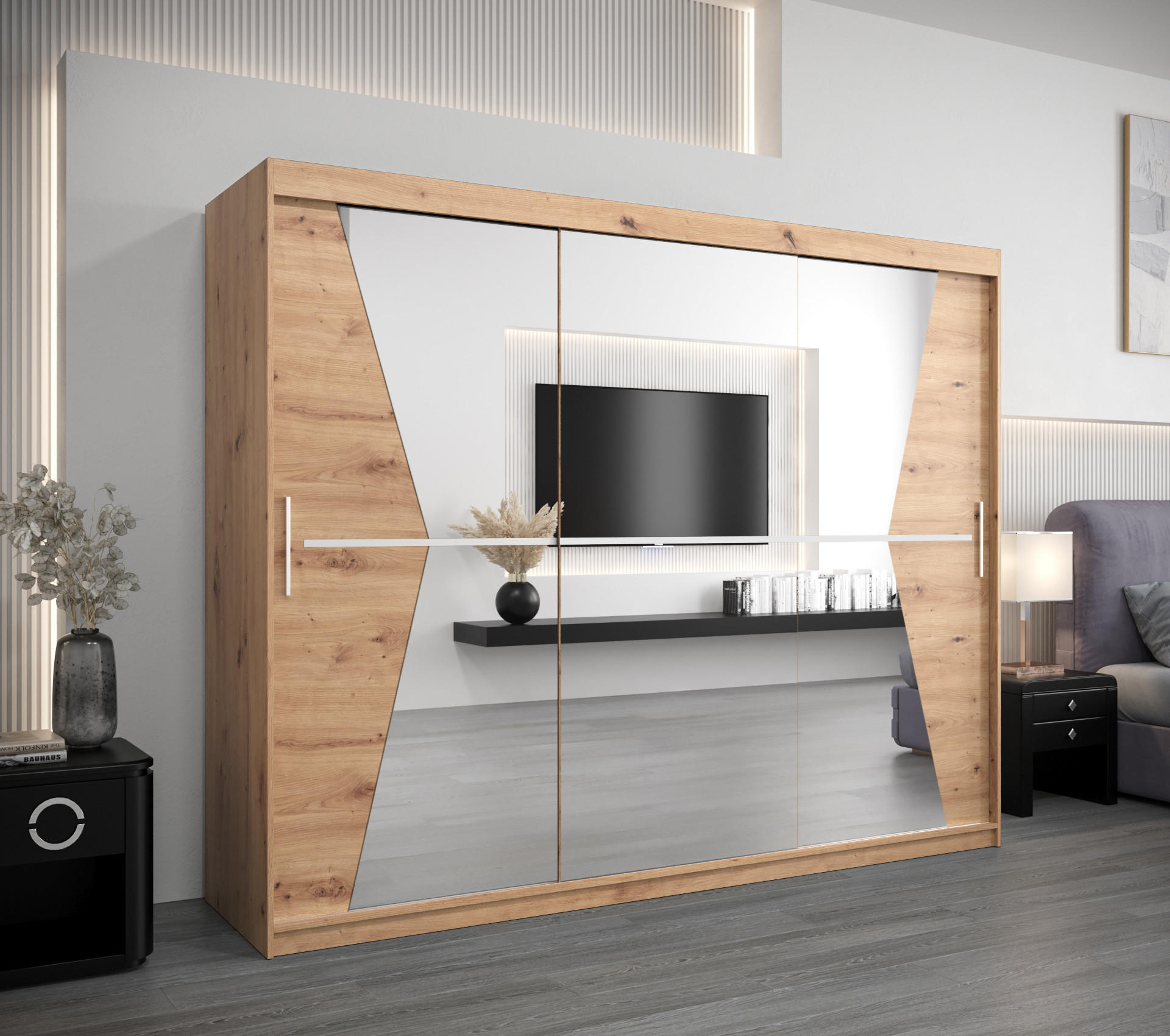 SCHWEBETÜRENSCHRANK 200/250/62 3-türig - Silberfarben/Eiche Artisan, Holz/Kunststoff (250/200/62cm) - MÖBEL KRYSPOL