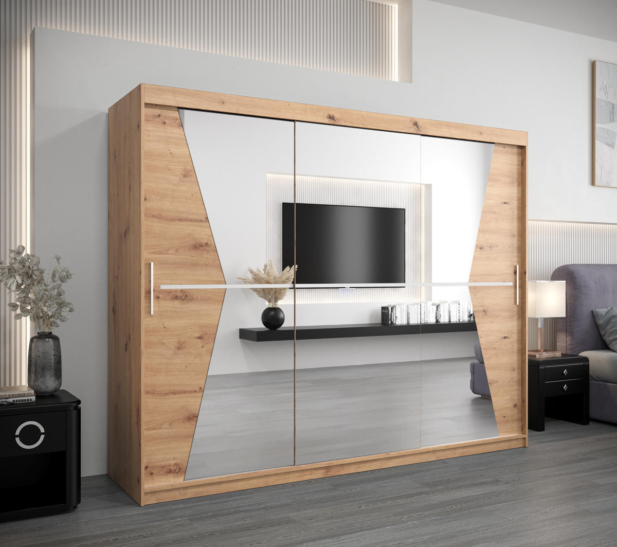 SCHWEBETÜRENSCHRANK 200/250/62 3-türig - Silberfarben/Eiche Artisan, Holz/Kunststoff (250/200/62cm) - Abiks Möbel