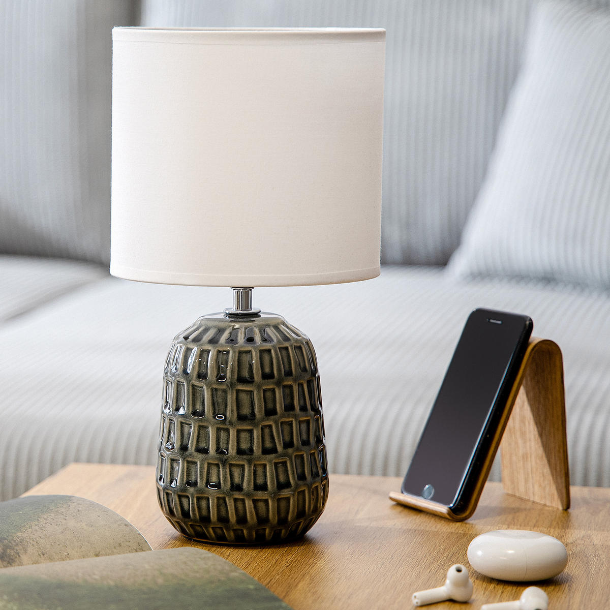 TISCHLAMPE STANDI, Grau, Weiß - Grau, Keramik/Textil (16.5/16.5/31.5cm) - KONSIMO®