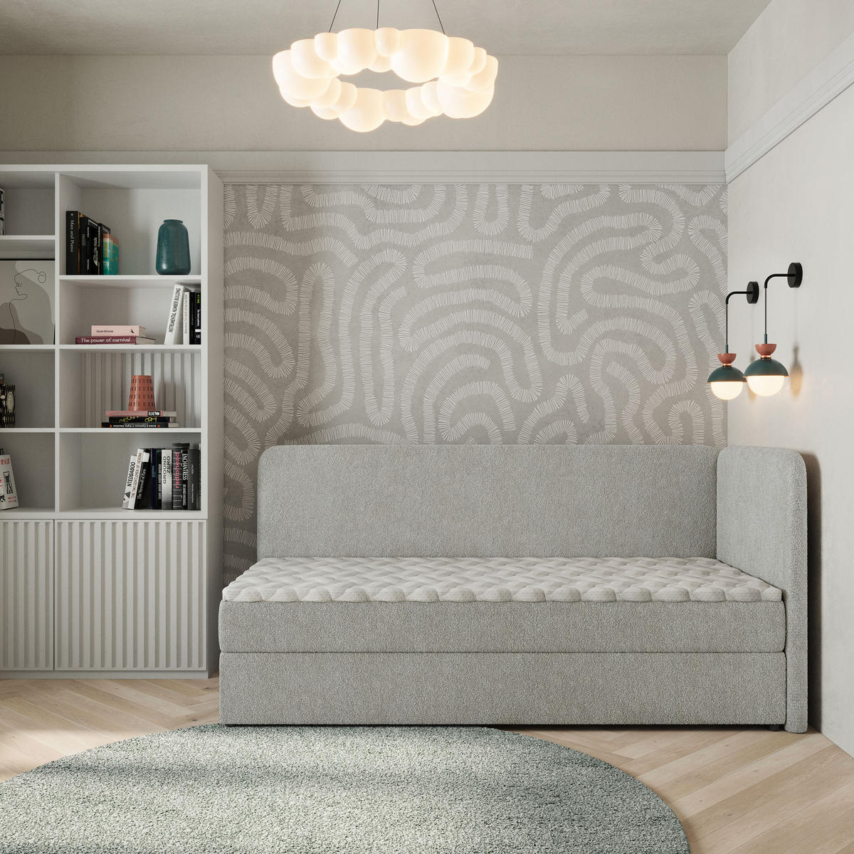 BOXBETT GINA 80x200 cm mit Matratze und Topper, H2+H3 - Hellgrau - Hellgrau, Holz (80/200cm) - MASSENO