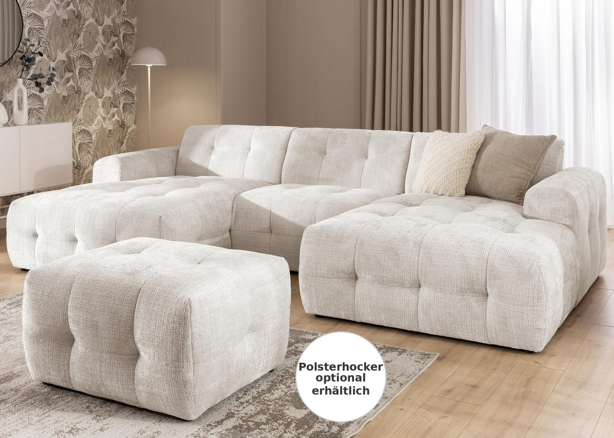 WOHNLANDSCHAFT in U-Form mit raffinierten Steppungen, 6-Sitzer, Wellenunterfederung, B323/T161/H79 cm, Chenille-Bezug in Beige / 21047 - Beige/Schwarz, Kunststoff/Textil (323/79/161cm) - luma-home