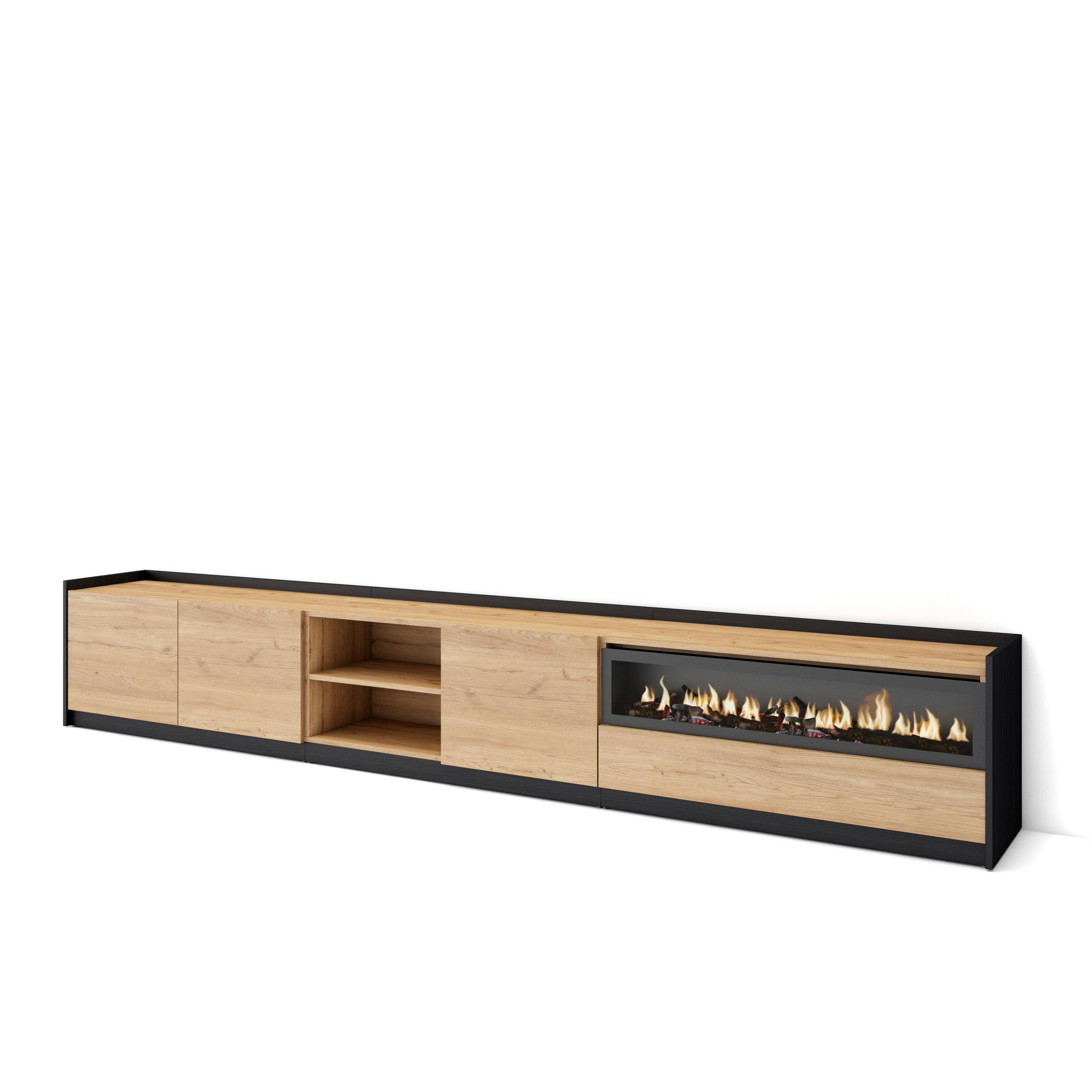 TV-SCHRANK, Lowboard, Eiche Schwarz, Elektrokamin, 310/37/50cm - Eichefarben, Holzwerkstoff (310/50/37cm) - Skraut Home