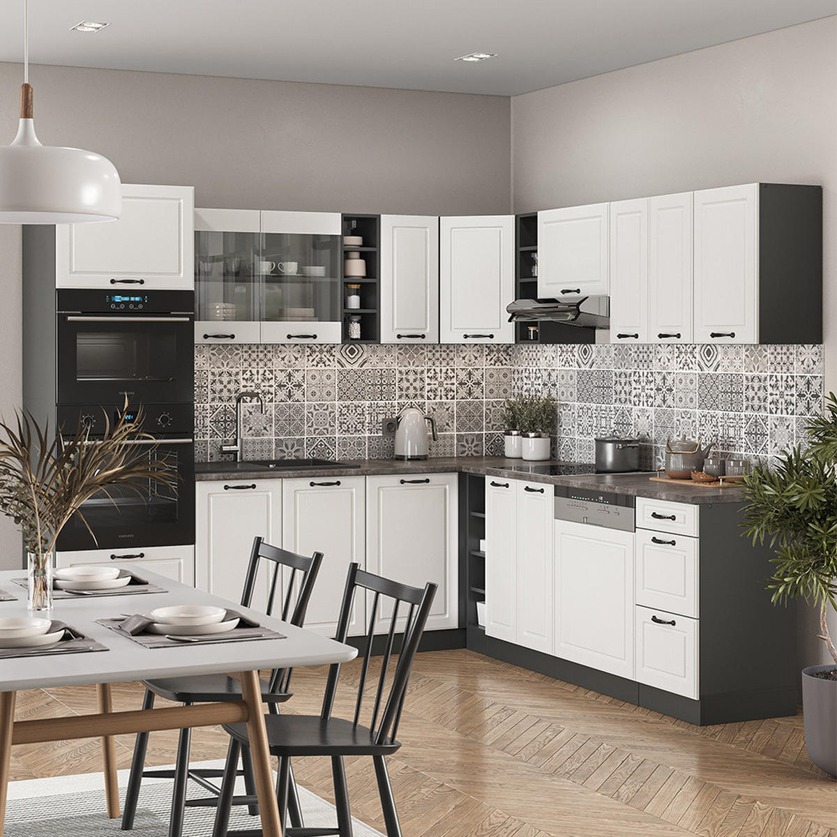 ECKKÜCHE R-Line Weiß Landhaus/Anthrazit 237 x 247 cm, AP Marmor - Anthrazit/Weiß, Holzwerkstoff (247/81.6/60cm) - Vicco