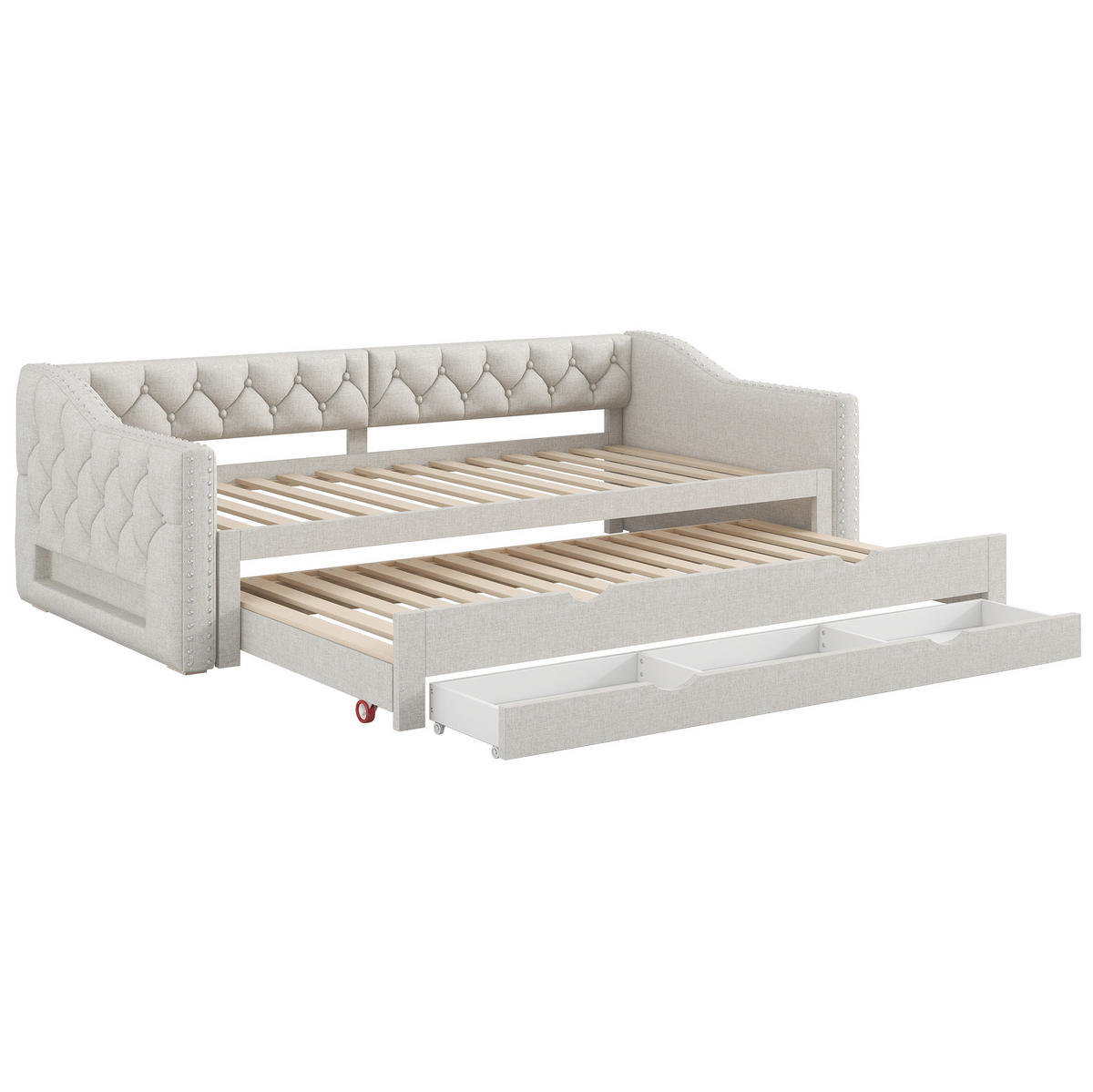 TAGESBETT aus MDF und Leinenmischgewebe 90x200 cm Beige mit LED-Beleuchtung, Ausziehbett und 3 Schubladen - Beige, Textil (90/200cm) - Modfu