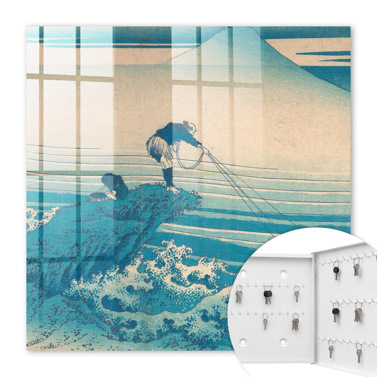 SCHLÜSSELBOX Weiß 30x30 cm – Türöffnung nach rechts - Der Fischer und die Wellen - Blau, Metall (30/30/5cm) - TULUP
