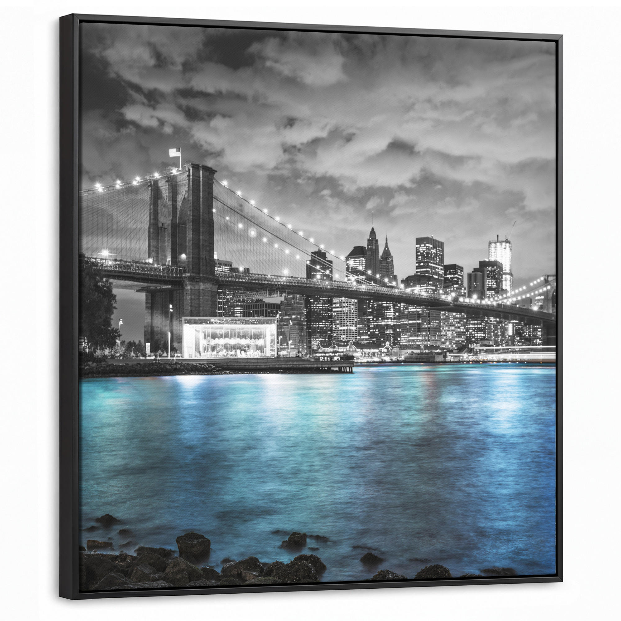 LEINWAND Bilder mit Rahmen - New York - Skyline - Stadt - Blau - 90x90 - Blaugrau, Textil (90/90cm) - MuchoWow