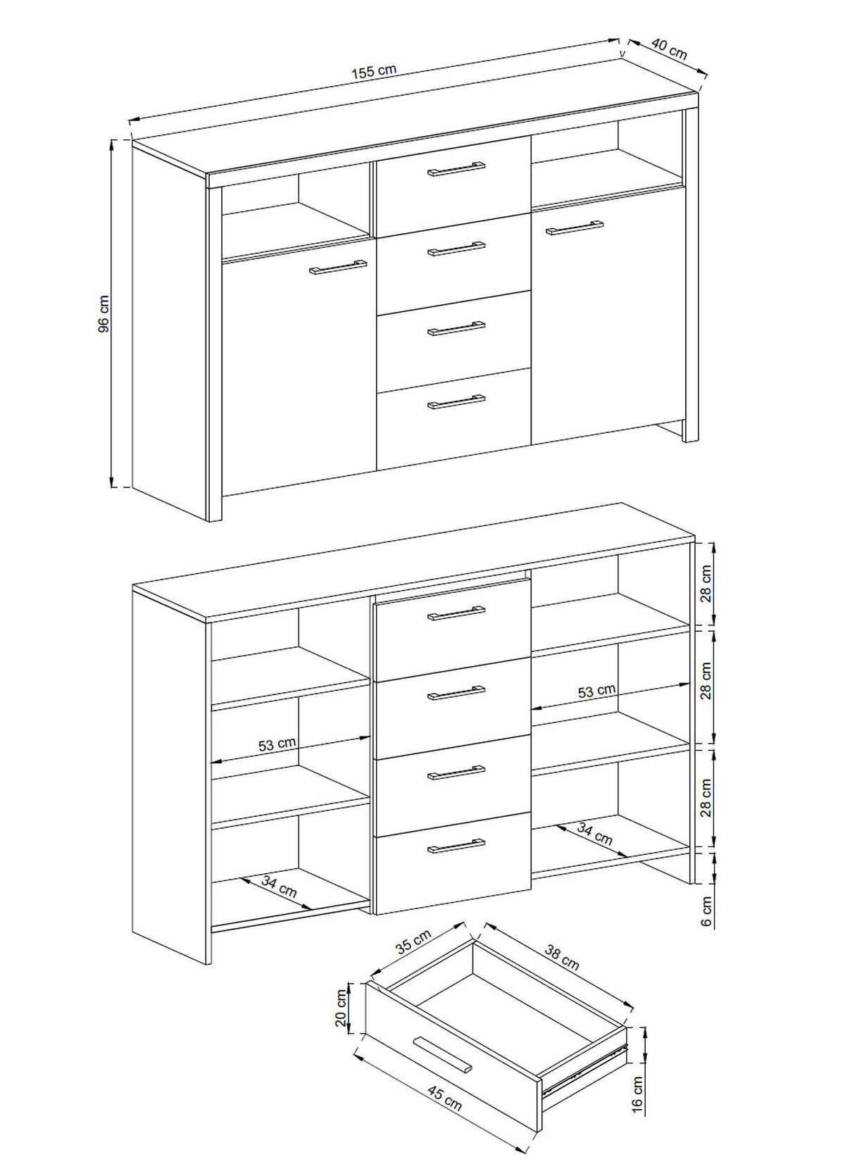 KOMMODE Sky Eiche Riviera 155 / 40 / 96cm - Eichefarben, Holzwerkstoff/Kunststoff (155/96/40cm) - Feldmann-Wohnen