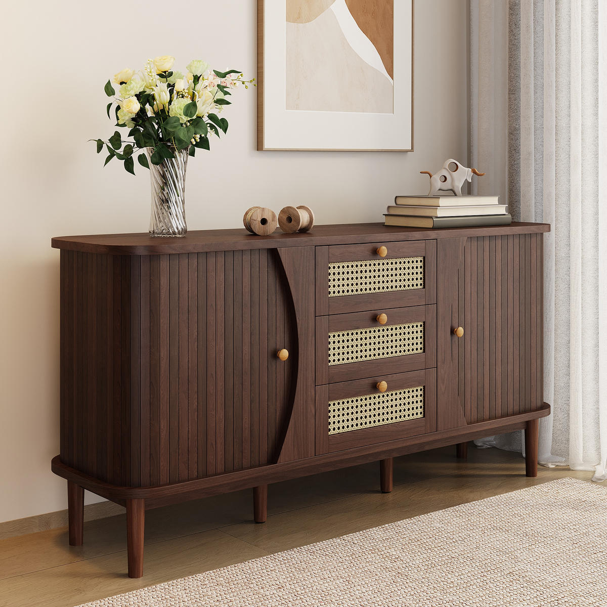 SIDEBOARD Rattan Schiebetüren verstellbare Böden modern - Walnussfarben, Holzwerkstoff (40/73/140.5cm) - FLIEKS