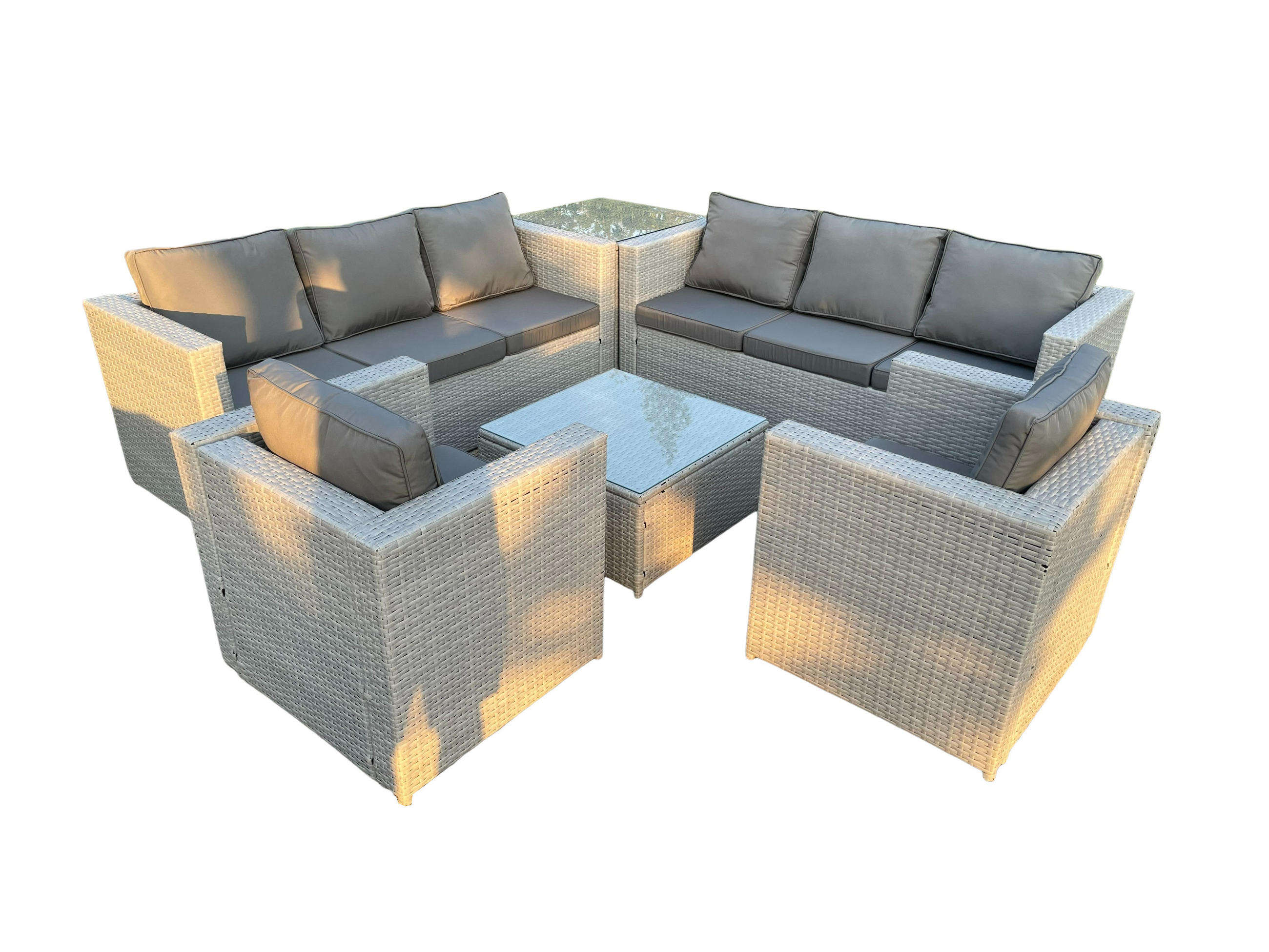 GARTENSOFA SET mit Couchtisch Polyrattan Helles Grau 8-Sitzer - Hellgrau, Metall - Fimous