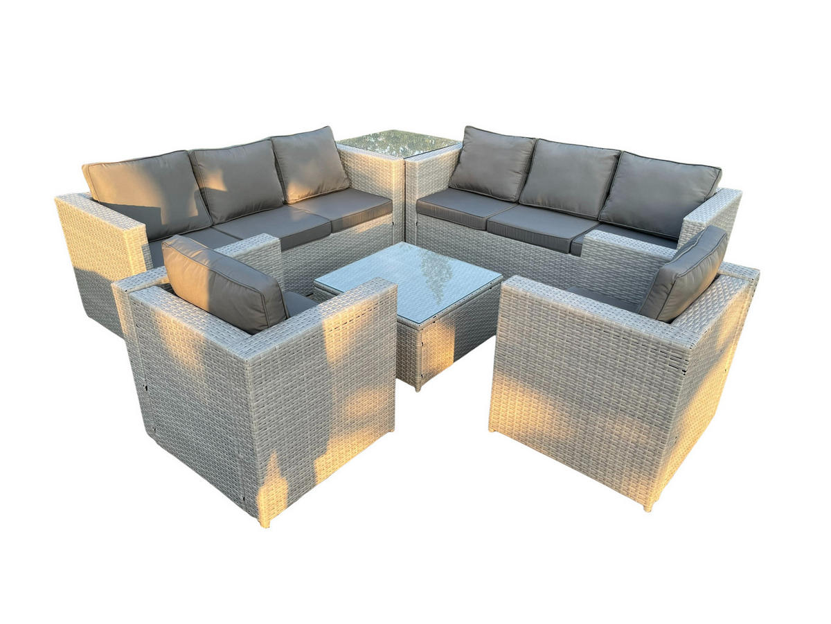 GARTENSOFA SET mit Couchtisch Polyrattan Helles Grau 8-Sitzer - Hellgrau, Metall - Fimous