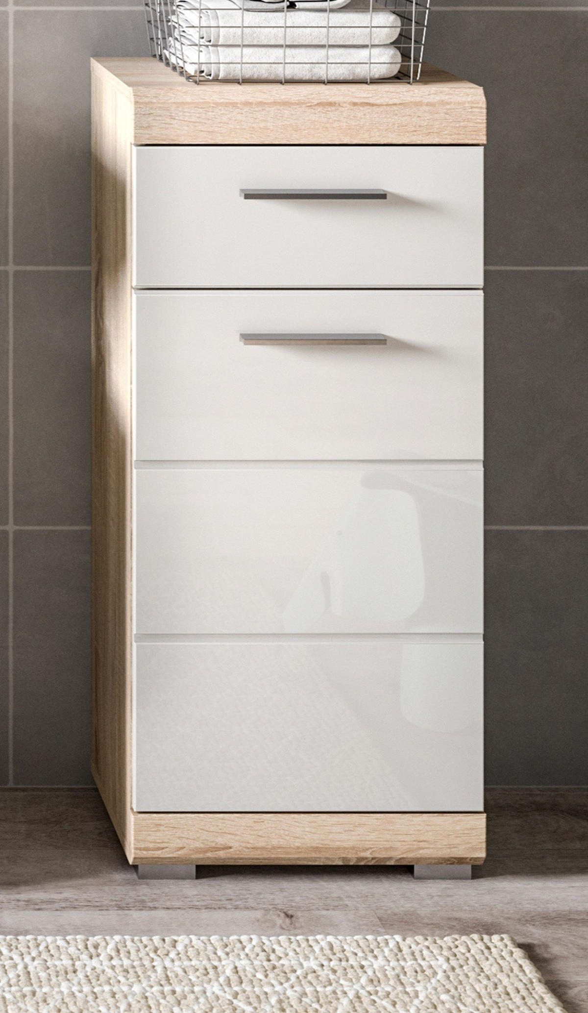 KOMMODE weiß Hochglanz, Eiche 37 cm Badschrank mit Vollauszug - Weiß Hochglanz/Eichefarben, Holzwerkstoff/Kunststoff (37/88/31cm) - Inn.Furn