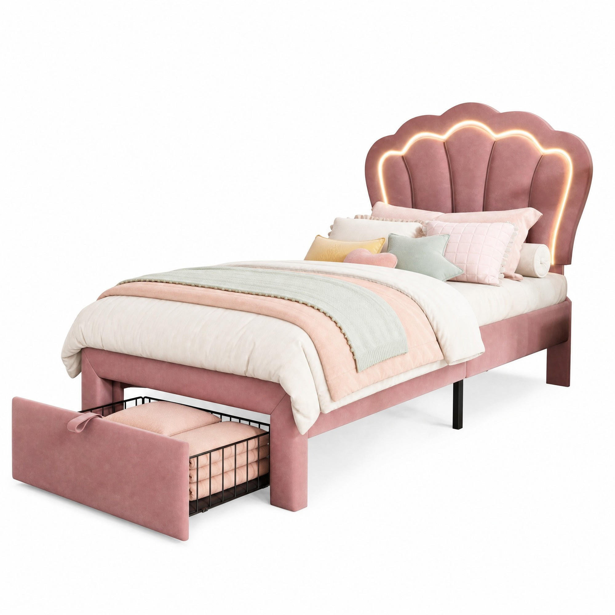 KINDERBETT 90/200 mit LED,verstellbarem Kopfteil und Schublade in Rosa - Schwarz/Rosa, Holzwerkstoff/Textil (90/200cm) - EVRYAE