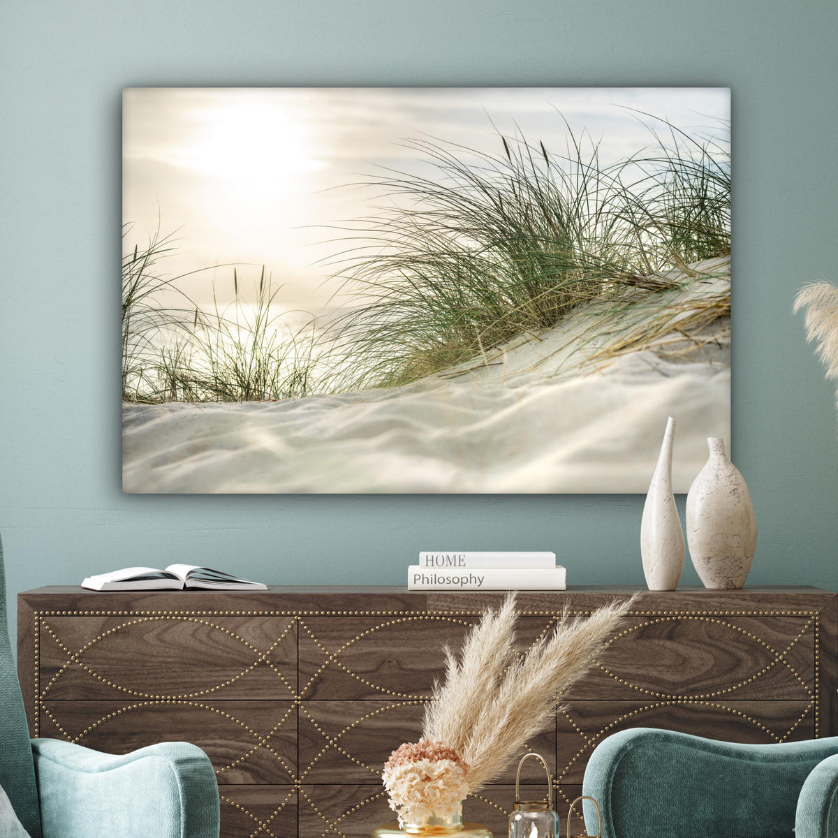 LEINWANDBILD Dünen mit Strandhafer in der Sonne des Nationalparks Schleswig-Holsteinisches Wattenmeer Wohnzimmer 120x80 cm - Creme, Textil (120/80cm) - MuchoWow