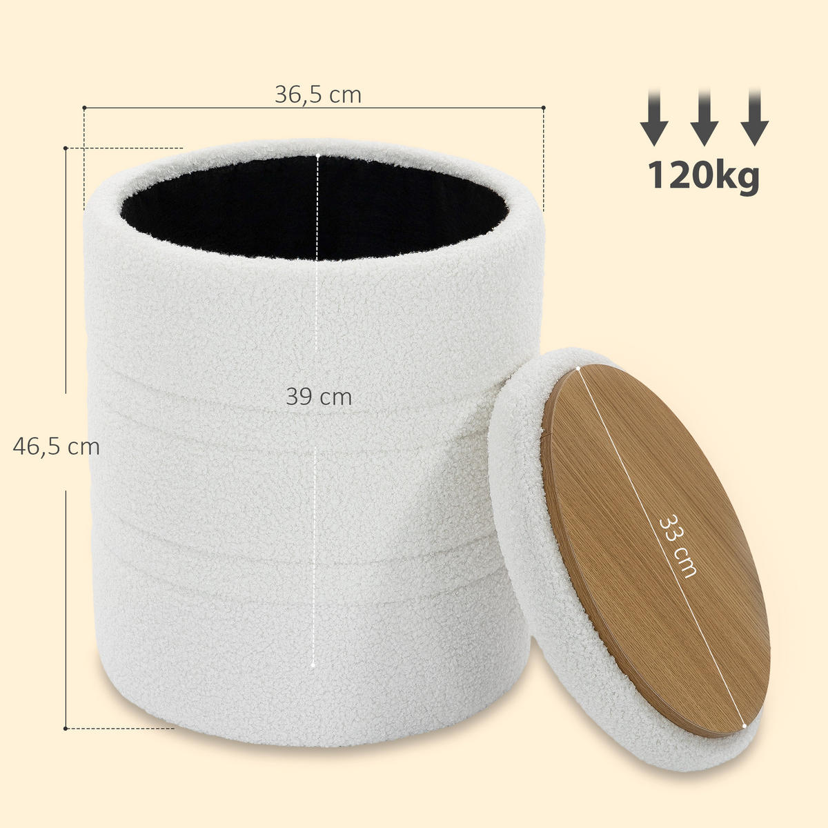 AUFBEWAHRUNGSHOCKER Sherpa (70% Polyester, 30% Acryl) Weiß - Weiß, Kunststoff/Textil (36.5/46.5/36.5cm) - HOMCOM