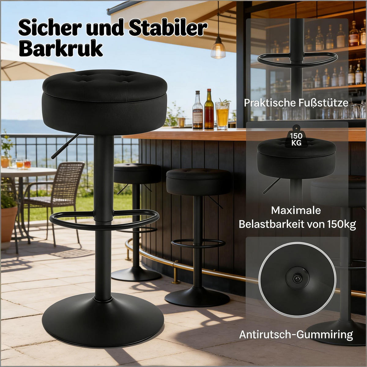 BARHOCKER 1er-Set Schwarz aus Samt drehbar höhenverstellbar mit Aufbewahrungsraum - Schwarz, Metall (39/79.5/39cm) - PANGIVO