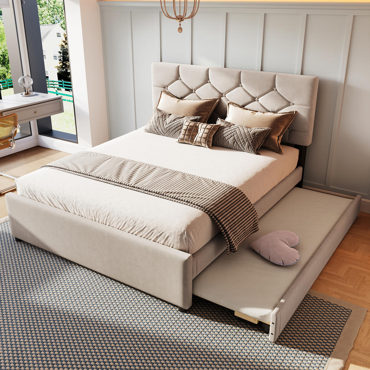 POLSTERBETT 140×200 cm aus Samt-Stoff mit Rollbett und Lattenrost, beige - Beige, Textil (140/200cm) - Luhomfu