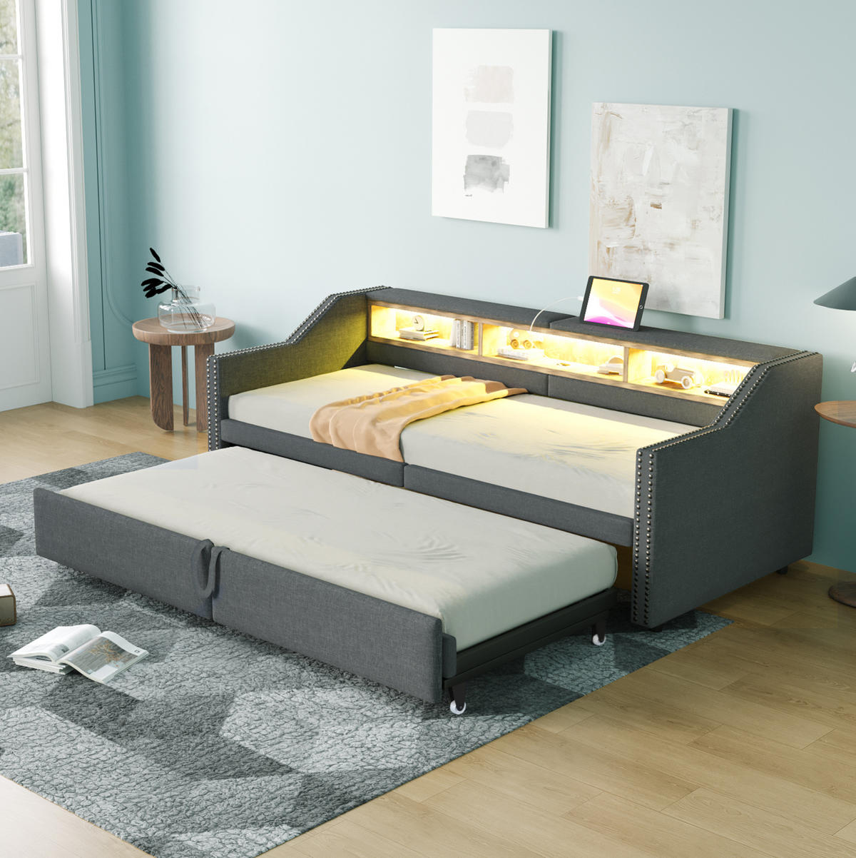 SCHLAFSOFA 90/200 cm mit Ausziehbett, LED, USB und 3 Ablagefächern, Dunkelgrau - Dunkelgrau, Textil (102/74/214cm) - Redom