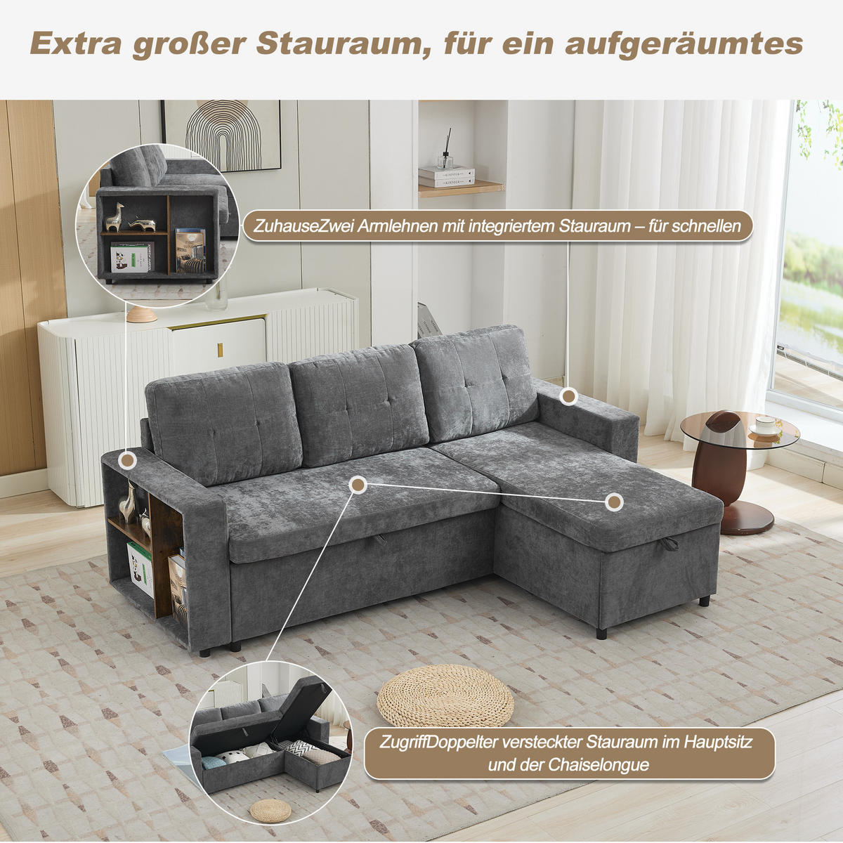 ECKSOFA 202/136/85 cm Grau mit Stauraum - Grau, Textil (202/136cm) - Oxeza
