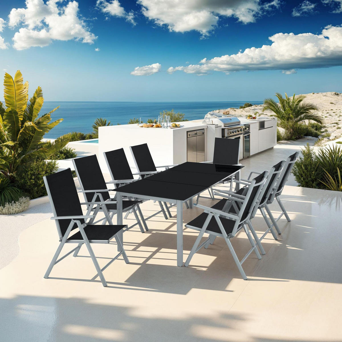 SITZGRUPPE Pompeii, Tisch mit Sicherheitsglasplatten und Ausgleichsschrauben, silber - Silberfarben, Naturmaterialien/Kunststoff - tectake