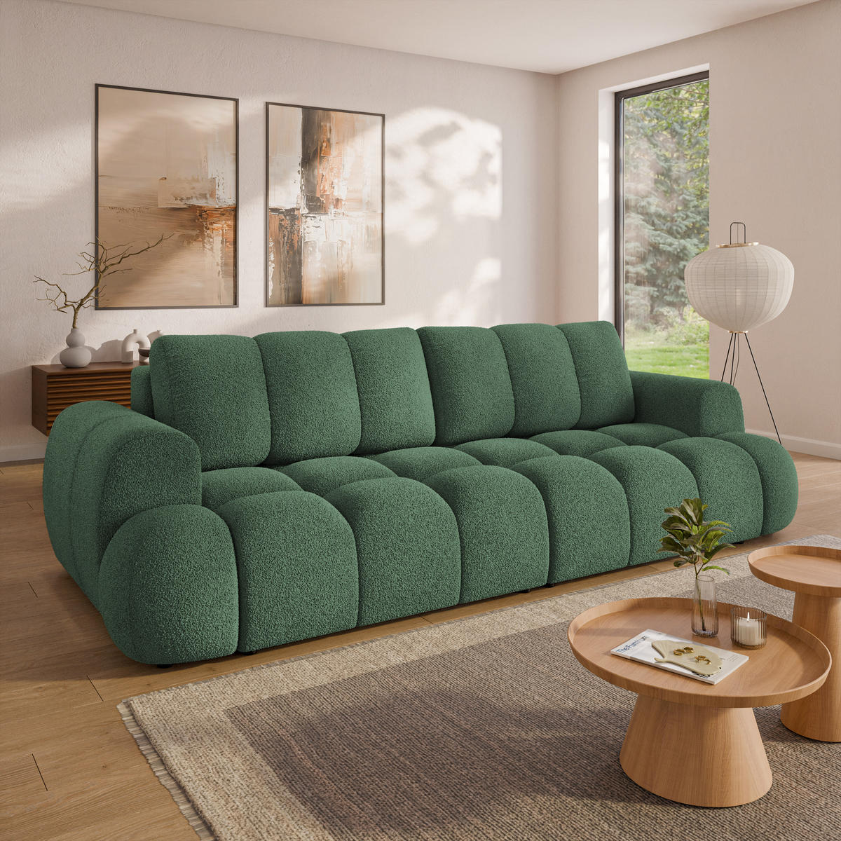 BETTSOFA DAFNE Grün Bucle-Stoff mit Schlaffunktion - Grün, Textil (300/88/113cm) - MASSENO