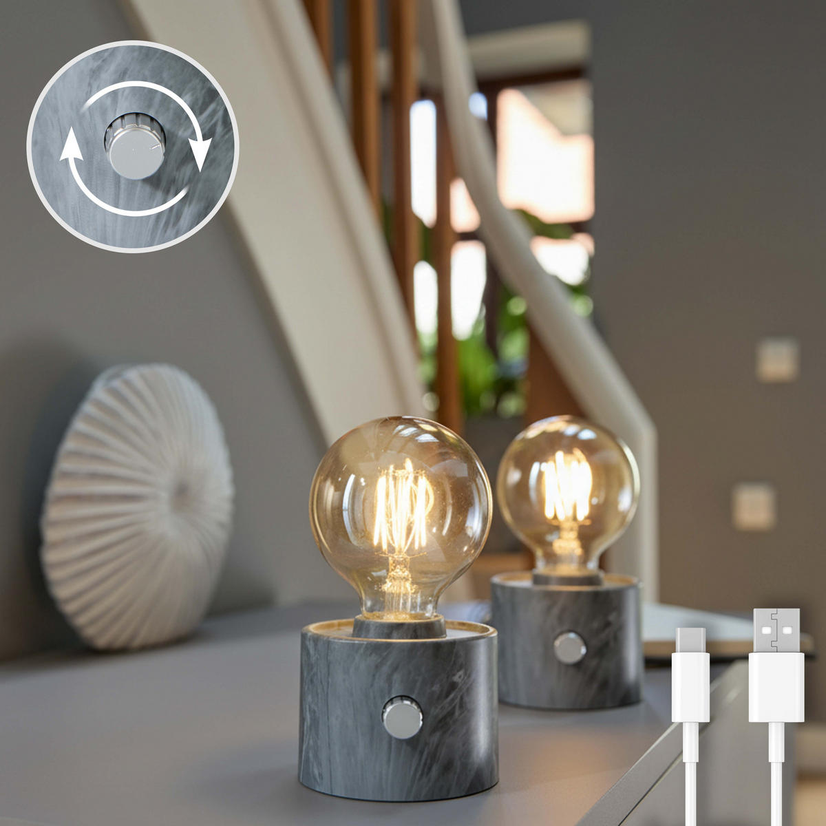 LED-TISCHLAMPE Vintage Edison dimmbar 10x9x16cm 2er-Set Marmor grau - Grau, Kunststoff (10/8.7/16cm) - Northpoint