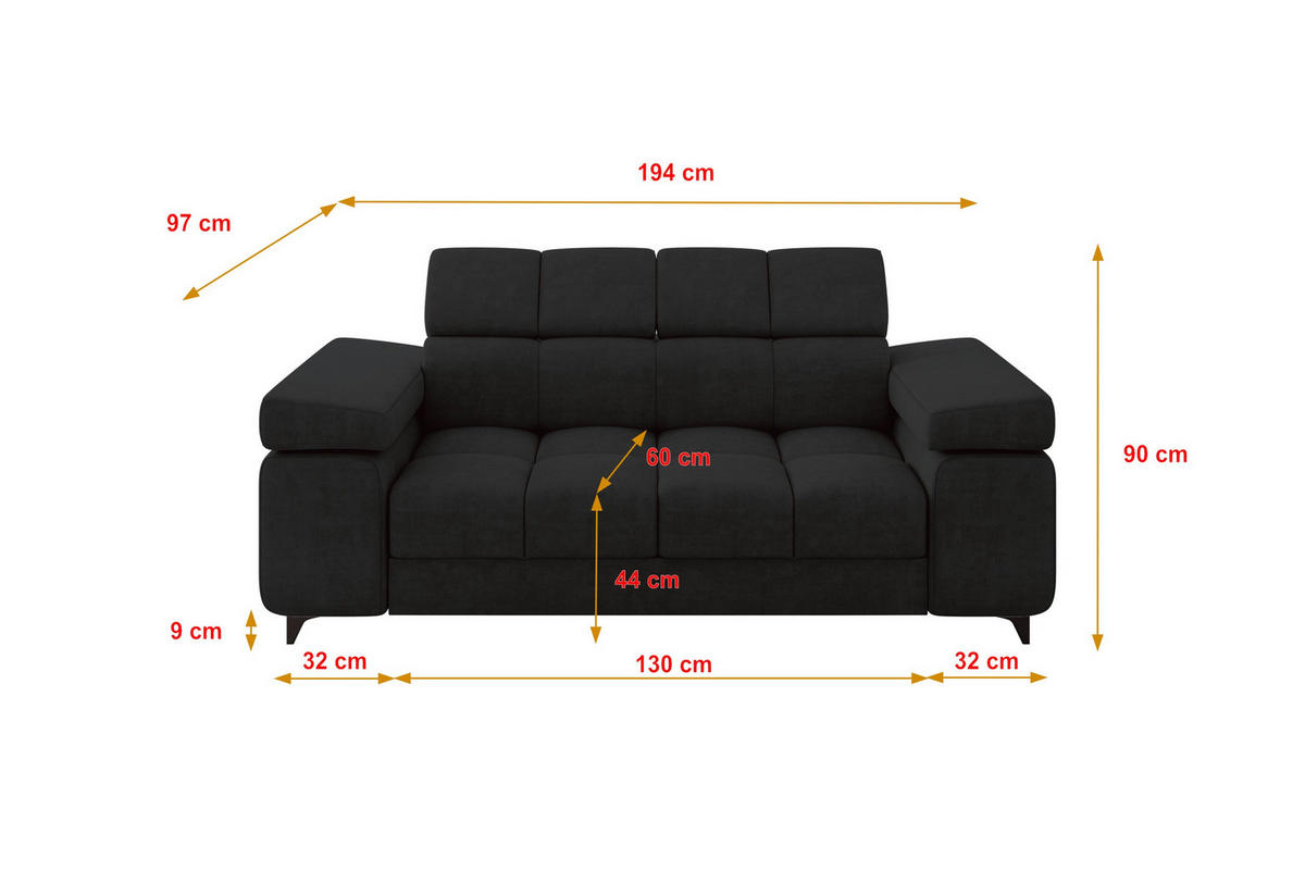 SOFA 2-Sitzer LORD-S1 194x97x90 cm Schwarz Samt - Schwarz, Holzwerkstoff/Textil (194/90/97cm) - ALTDECOR