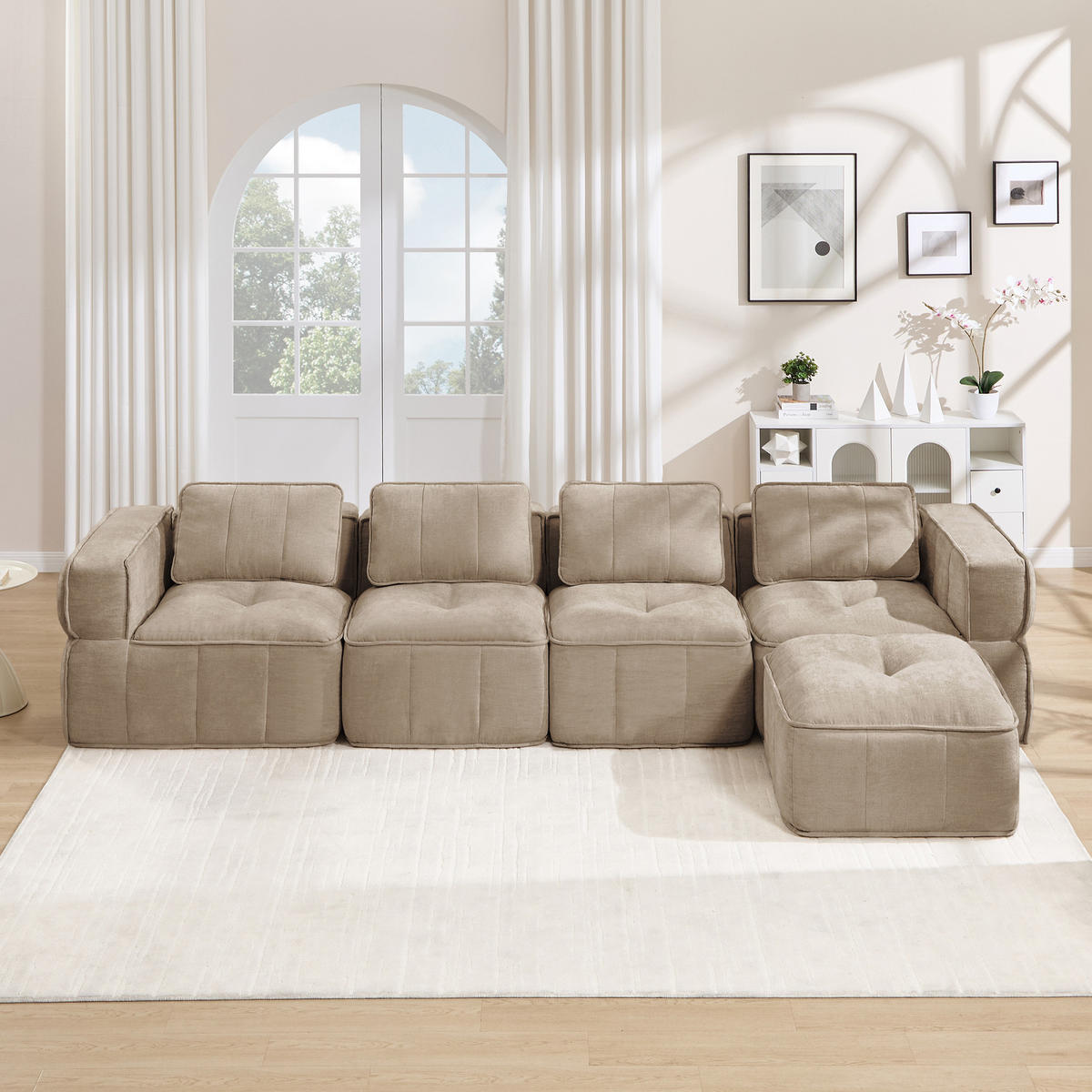 CANAPEA 4 LOCURI cu taburet, minimalist, Poliester-nisipiu - nisipiu, material textil (162/67/344cm) - KOMHTOM