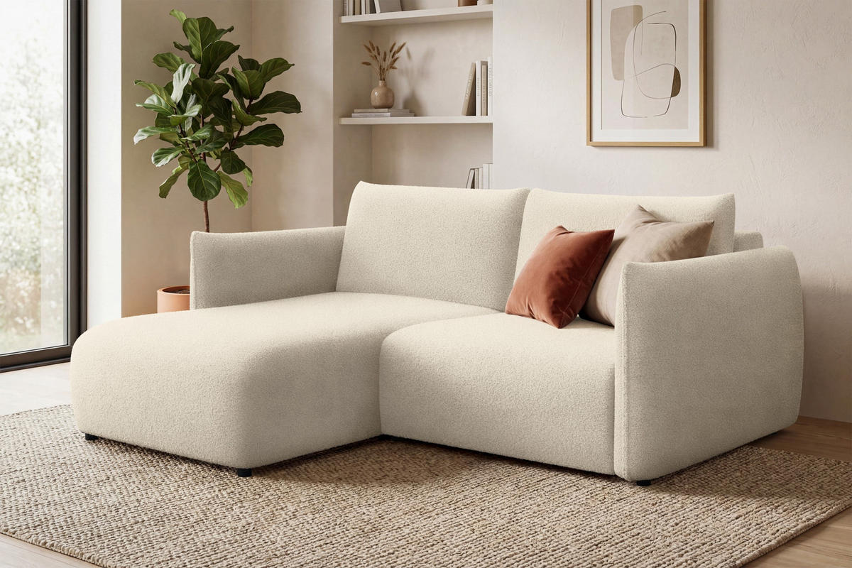 ECKSOFA TAUER 3-Sitzer LINKS, Bouclé-Stoff ecru - Ecru/Schwarz, Holz/Textil (173/206cm) - Courtois Laville