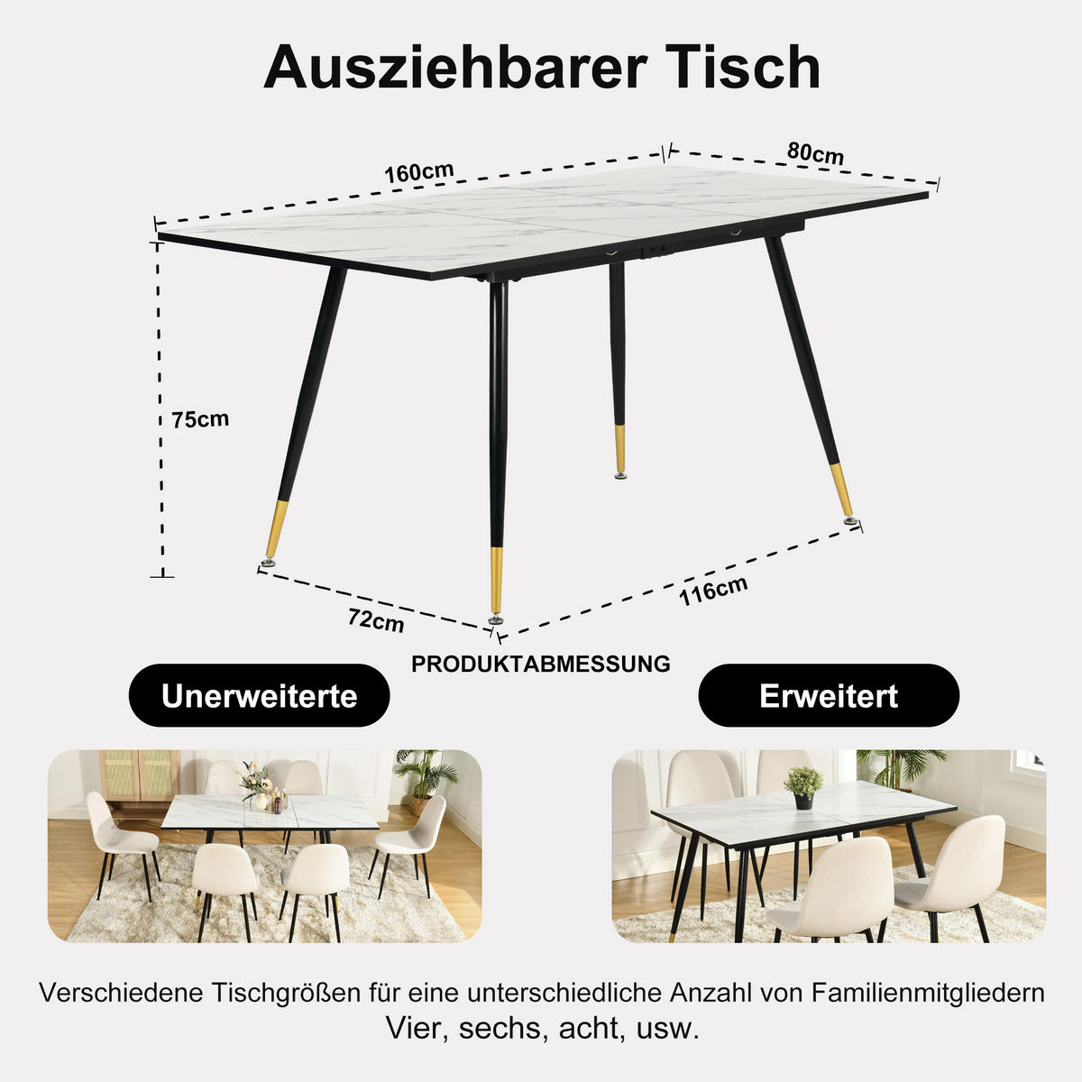 ESSZIMMER SET mit ausziehbarem Tisch und 4 bequemen Stühlen - Beige, Holzwerkstoff/Metall (80/75/160cm) - Urban Meuble