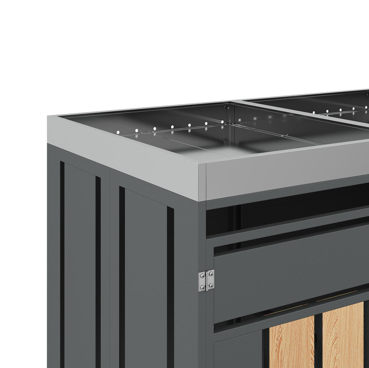 MÜLLTONNENBOX aus Stahl in Grau/Holzoptik mit Pflanzkasten & 4 Türen 264x80x124,5 cm - Grau, Metall (264/124.5/80cm) - Modfu