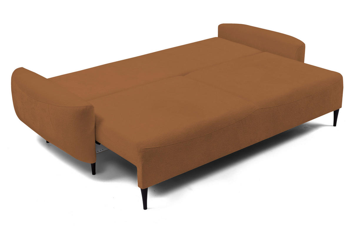 SOFA BOHO Mit Schlaffunktion Und Bettkasten, Wellenfederung, PUR-Schaum, Holzfüße, lose Rückenkissen, freistehend, 244x102x92 cm Copper - Kupferfarben, Holz/Textil (244/92/102cm) - DomoHome
