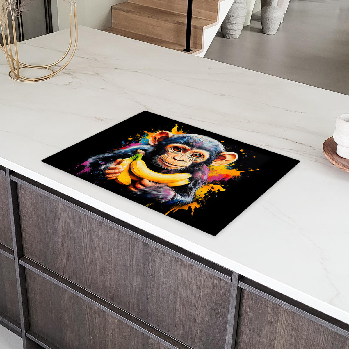 HERDABDECKPLATTE Affe - Graffiti - Farbenfroh - Bananen - Modern Herdabdeckung Induktionsfeld 75x52 cm - Gelb, Kunststoff (75/52/0.2cm) - MuchoWow