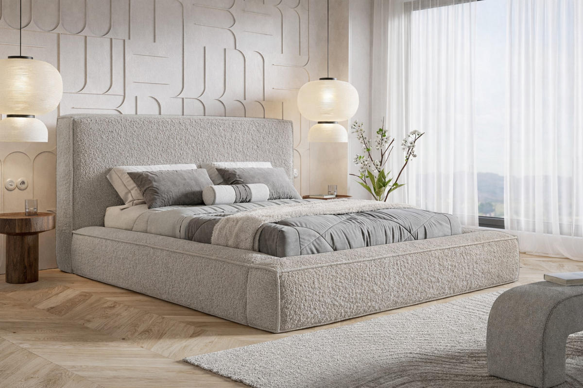 POLSTERBETT Boucle 180x200 Karano, Dicker Schaum, Bettkasten, Hellgrau - Hellgrau, Holz/Textil (180/200cm) - Emporius