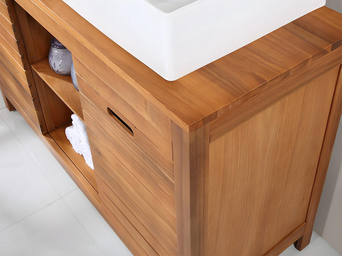 DOPPELWASCHTISCH - 130 cm x 50 cm - Keramik, Holz, Platte - Naturfarben Dunkel - PULUKAN - Naturfarben, Keramik/Holz (130/83/50cm) - Vente-Unique