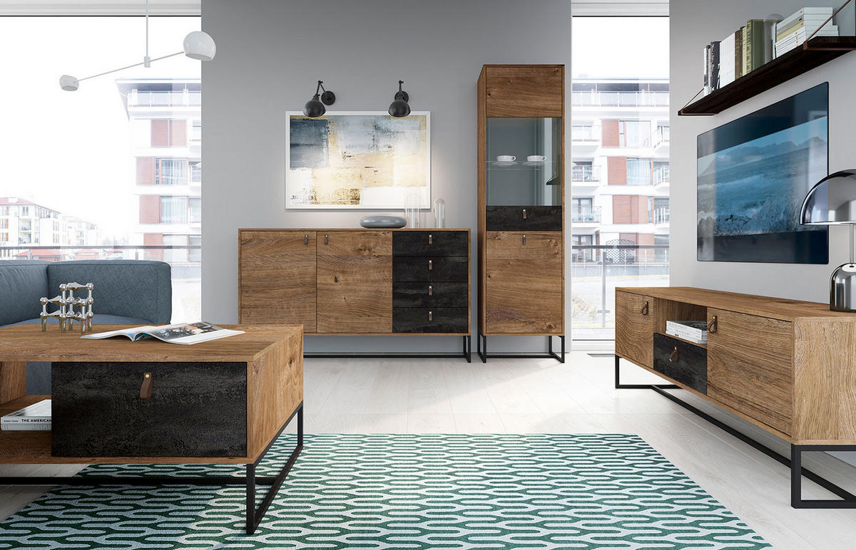 SIDEBOARD Dark Eiche Ribbeck / black stone 153 / 39 / 89cm - Eichefarben/Schwarz, Leder/Holzwerkstoff (153/89/39cm) - Feldmann-Wohnen