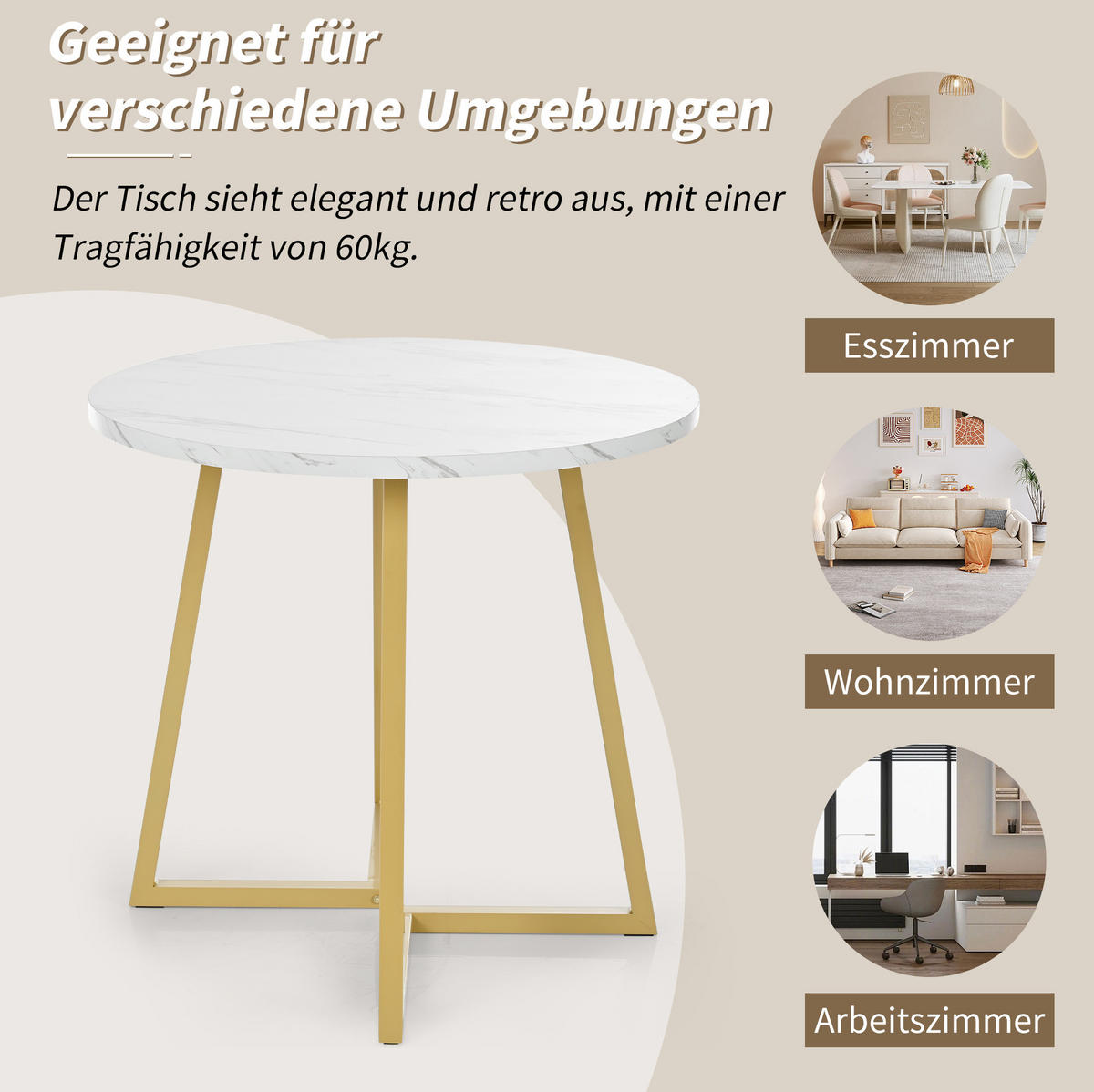ESSTISCH, MDF mit Marmor-Muster & Metallgestell, Ø 80/75 cm, Weiß - Goldfarben, Holzwerkstoff (80/80/75cm) - Redom