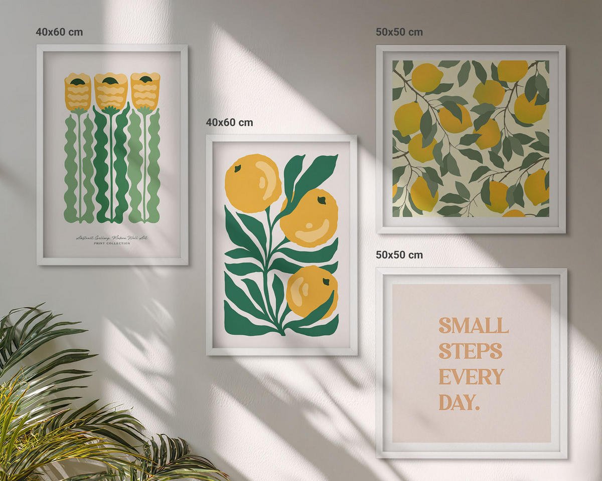 WANDBILDER 4er-Set - 50x50 cm & 40x60 cm Weißer Rahmen - Pflanzenmuster mit Blumen - Weiß, Kunststoff (50/50cm) - ArtPrintCave