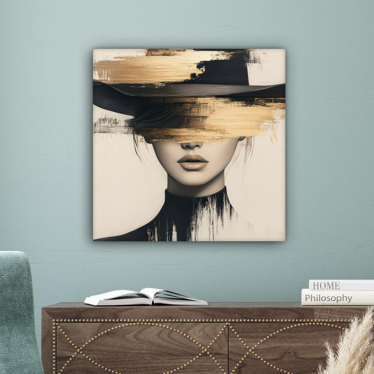 LEINWANDBILD Frau - Hut - Farbe 50x50 cm - Goldfarben, Textil (50/50cm) - MuchoWow