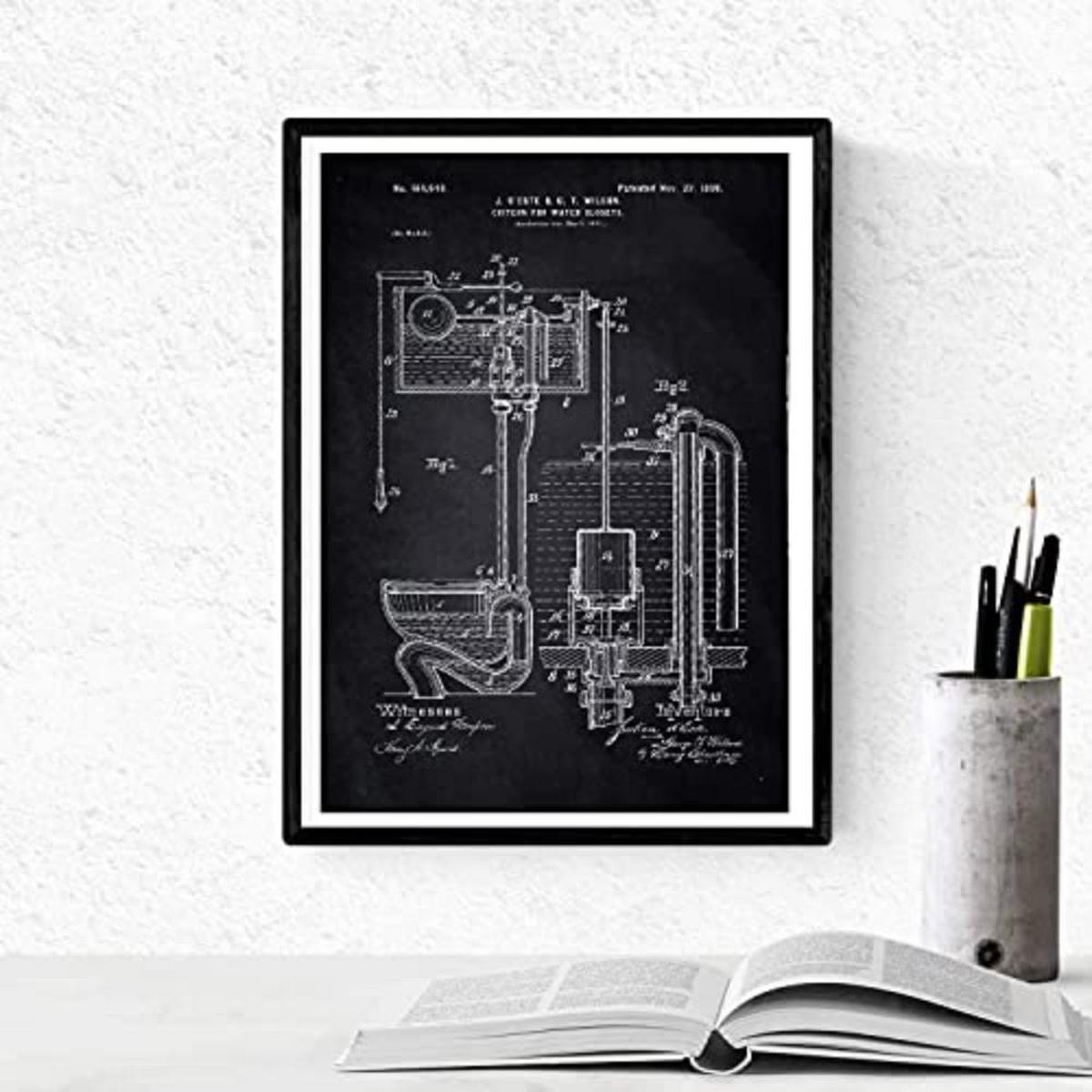 POSTER Set mit 4 Schwarz Badezimmer Patent A3 Schwarzer Rahmen - Schwarz, Papier (29.7/3cm) - Nacnic