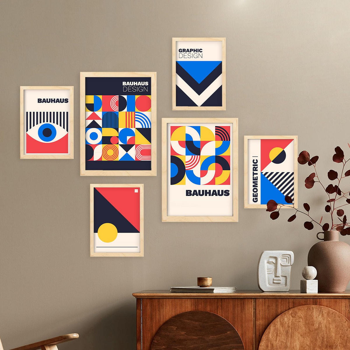 POSTER Set Mit 6 Bauhaus-Stil 4 Geometrisch Größe A3 & A4 Rahmen aus hellem Holz - Beige, Papier (29.7/1cm) - Nacnic