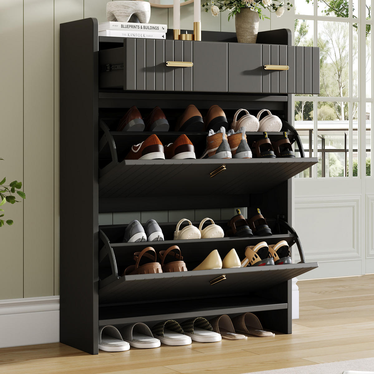 SCHUHSCHRANK 75x24x108.5cm Schwarz mit 2 Schubladen - Schwarz, Holzwerkstoff (75/108.5/24cm) - FLIEKS