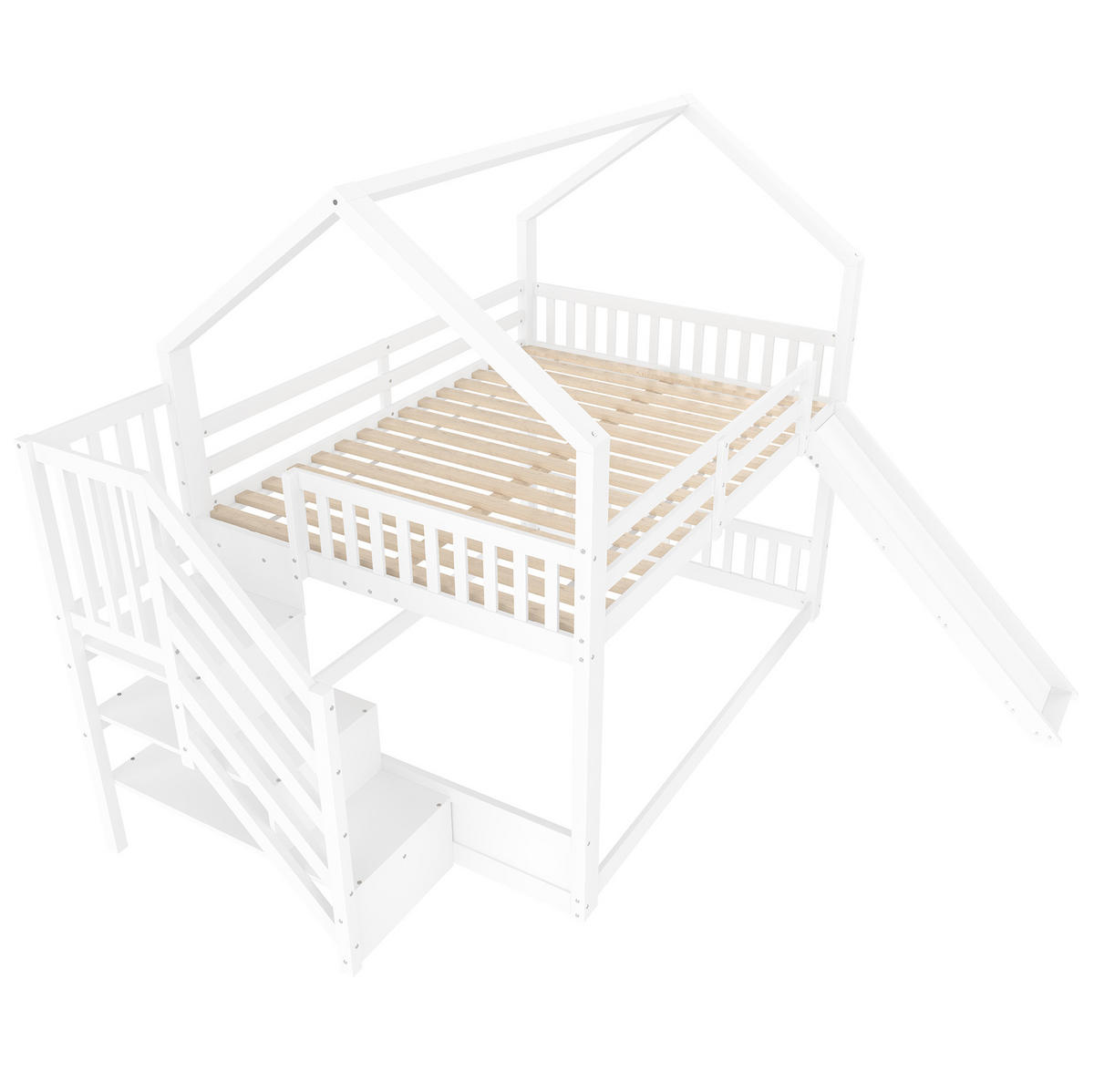 HAUSBETT 140/200 cm in Weiß mit Stauraumtreppe und Rutsche - Weiß, Holz (140/200cm) - BEAOK