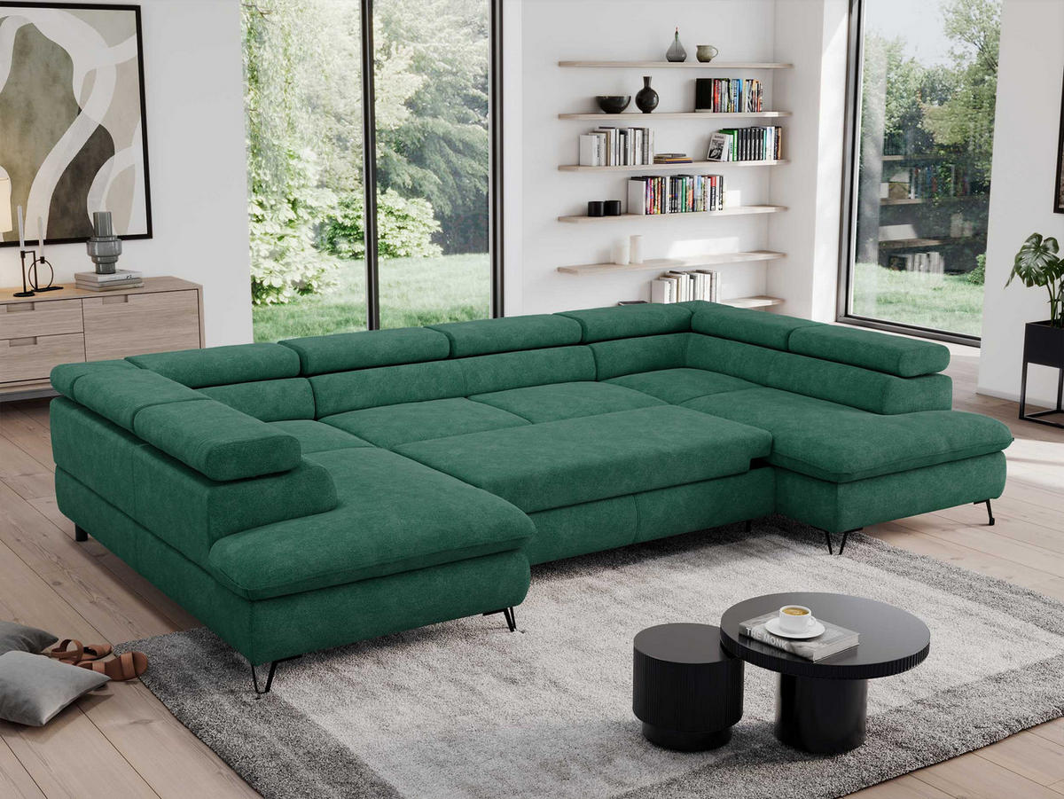 WOHNLANDSCHAFT PEDRO U Struktur Türkis - Türkis/Schwarz, Textil/Metall (346/76/208cm) - MKS