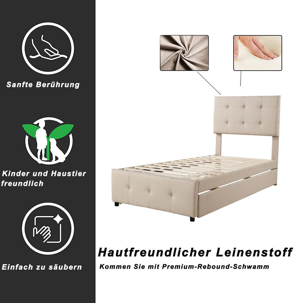 POLSTERBETT 90/200 cm Beige aus Leinenstoff mit Ausziehbett - Beige, Textil (90/200cm) - OKMYHOME