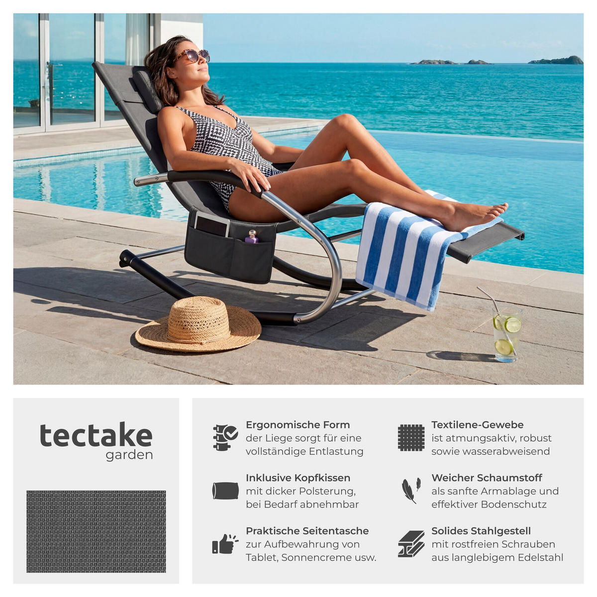 GARTENLIEGE Taya, abnehmbares Kopfpolster, seitliche Aufbewahrungstasche, grau - Grau, Kunststoff (62/92/142cm) - tectake
