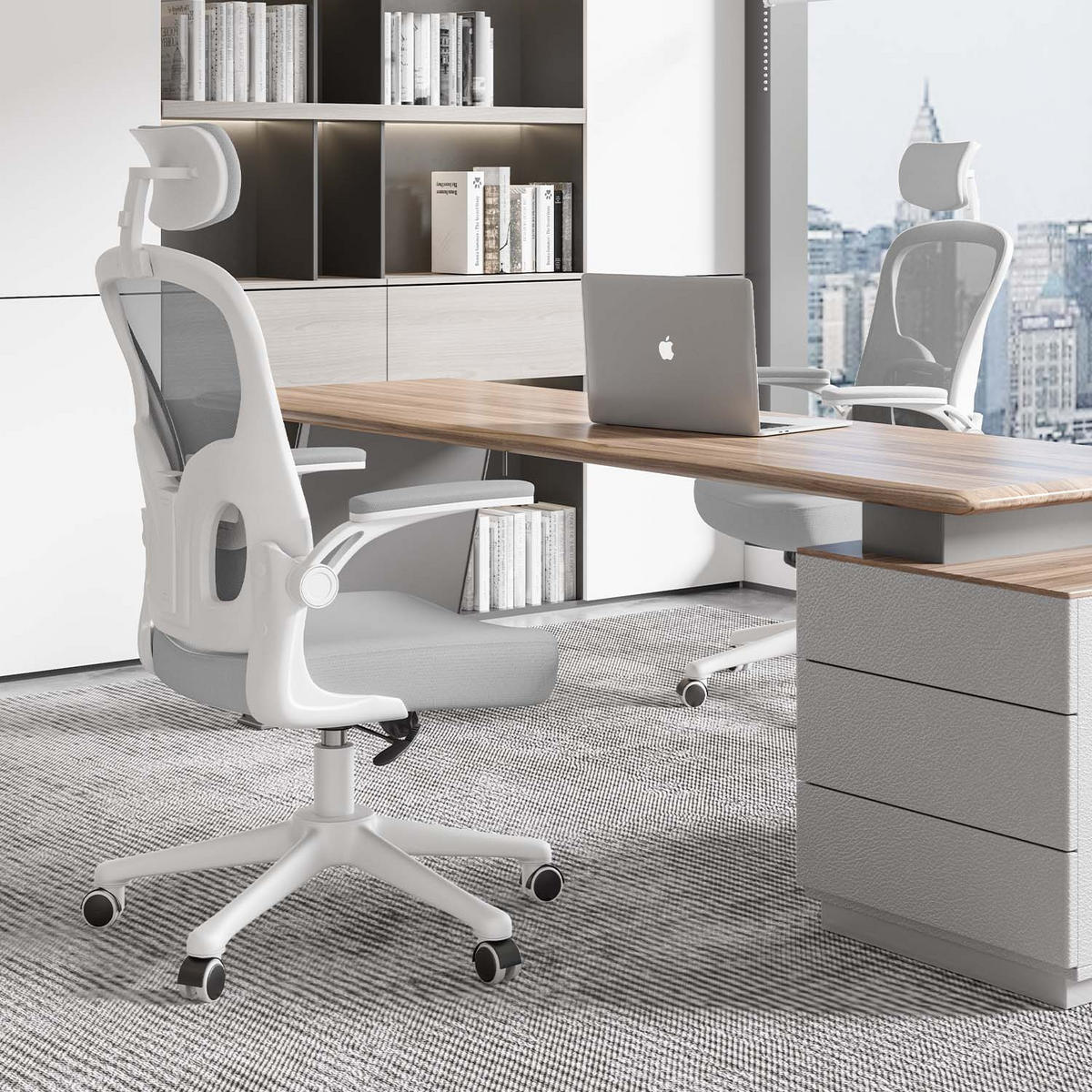 BÜROSTUHL ergonomisch, höhenverstellbar, klappbare Armlehnen, Kopfstütze – Grau - Grau, Metall (50.5/134/52cm) - Rattantree
